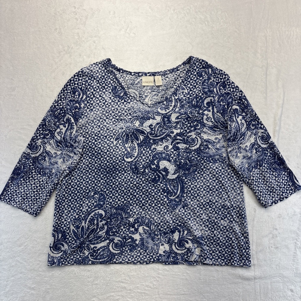 Chicos Blouse Womens Size 3 (16/18) Blue/White Round Neck 3/4 Sleeve